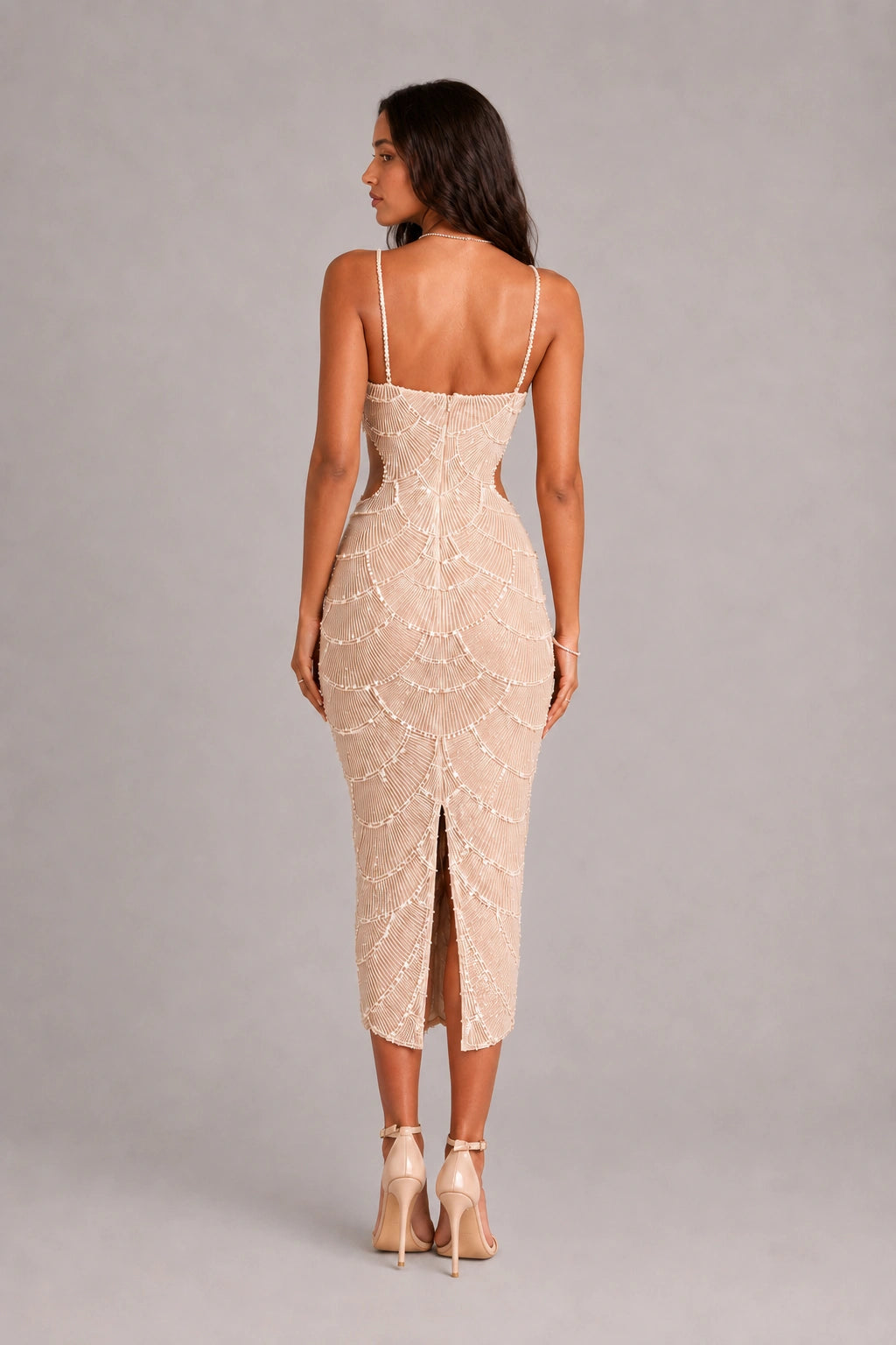Marielle Pearl Beaded Cutout Midi Dress — Champagne Nude
