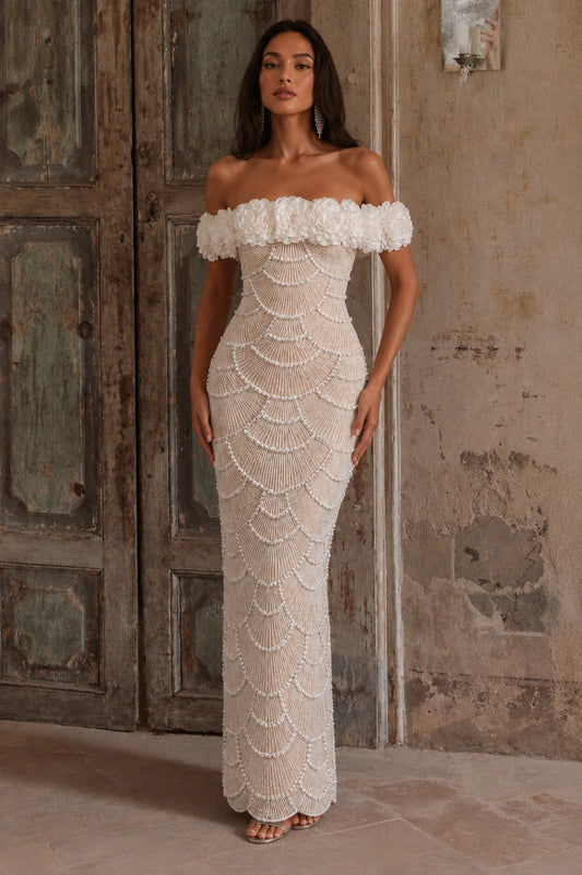 Fleur Pearl Beaded Off-Shoulder Gown — Champagne Nude