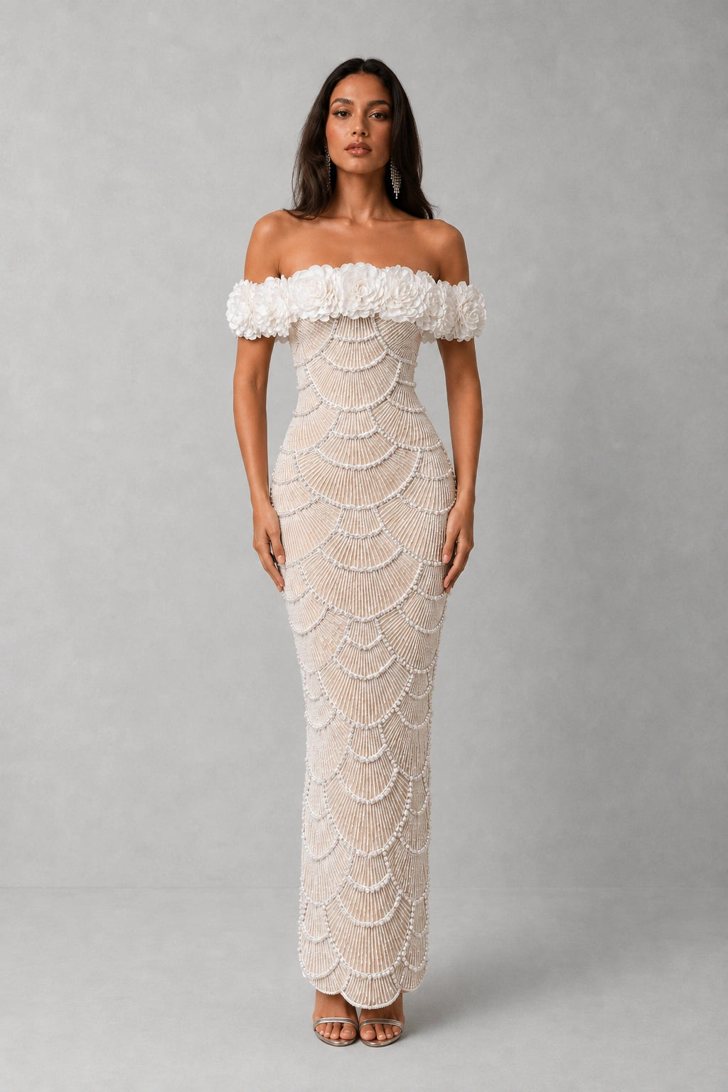 Fleur Pearl Beaded Off-Shoulder Gown — Champagne Nude