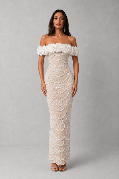 Fleur Pearl Beaded Off-Shoulder Gown — Champagne Nude