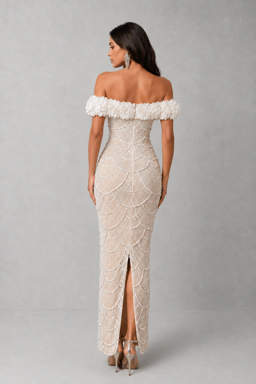 Fleur Pearl Beaded Off-Shoulder Gown — Champagne Nude