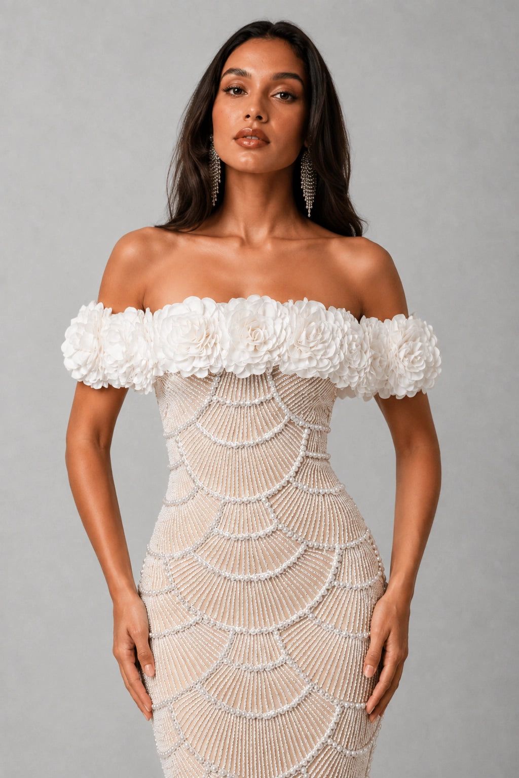 Fleur Pearl Beaded Off-Shoulder Gown — Champagne Nude