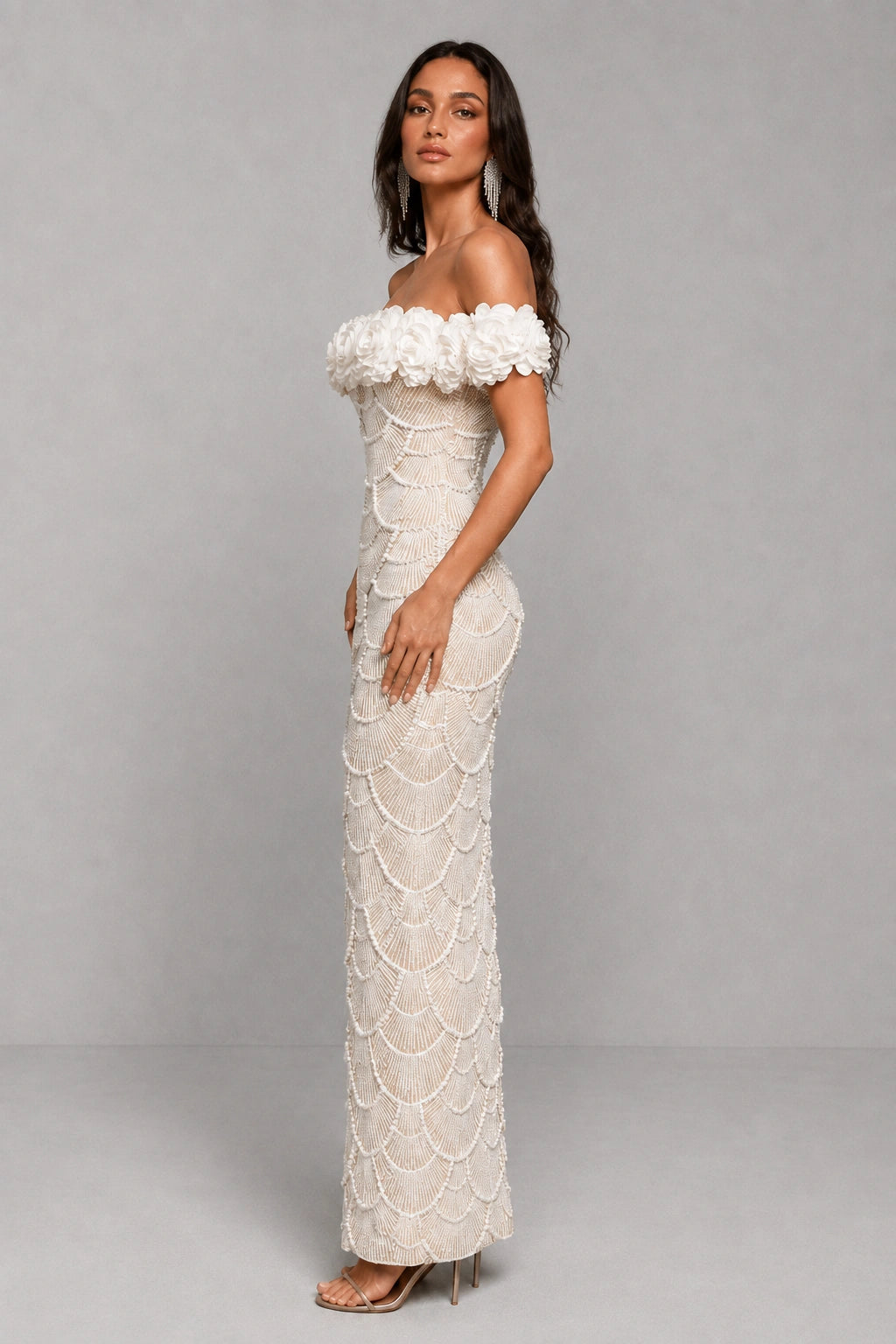 Fleur Pearl Beaded Off-Shoulder Gown — Champagne Nude