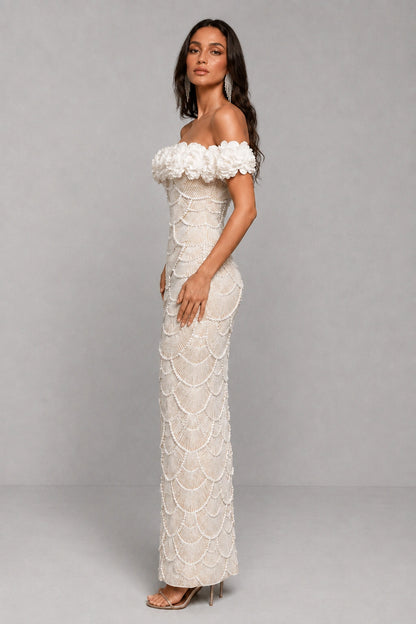 Fleur Pearl Beaded Off-Shoulder Gown — Champagne Nude