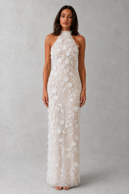 Celestine Floral Appliqué Halter Gown - Ivory Blossom