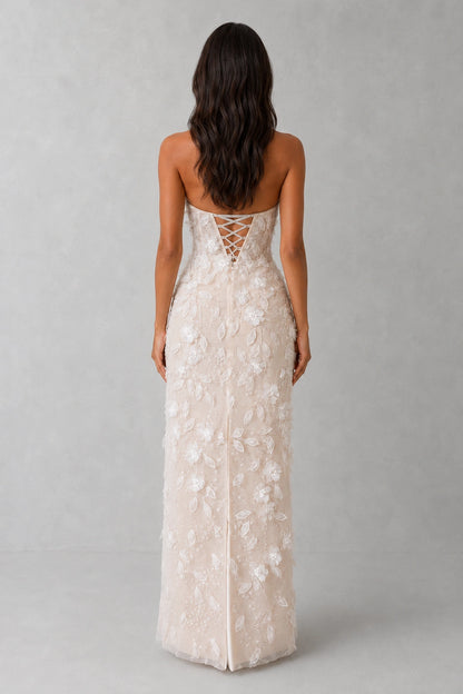 Celestine Floral Appliqué Halter Gown - Ivory Blossom