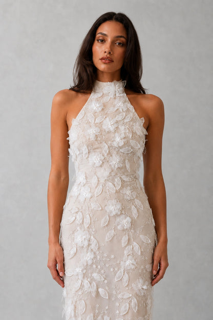 Celestine Floral Appliqué Halter Gown - Ivory Blossom