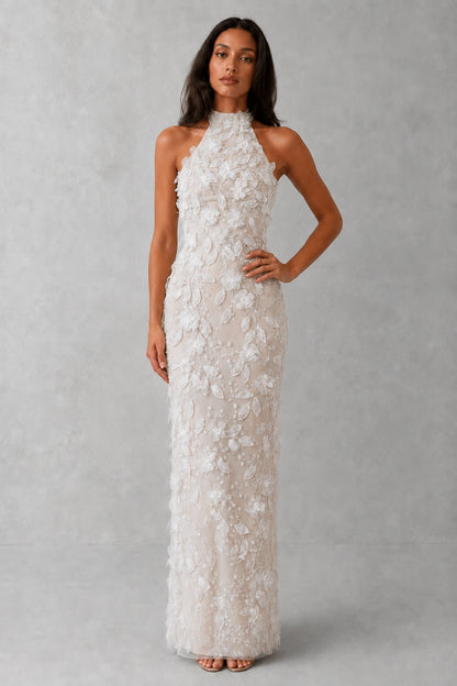 Celestine Floral Appliqué Halter Gown - Ivory Blossom
