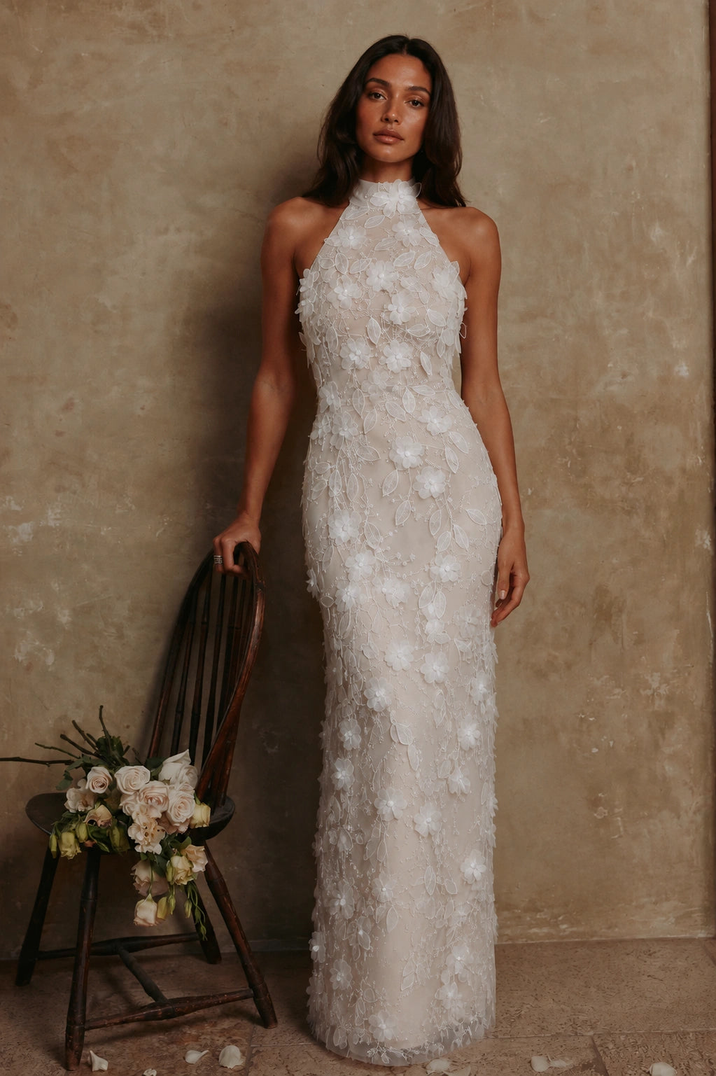 Celestine Floral Appliqué Halter Gown - Ivory Blossom