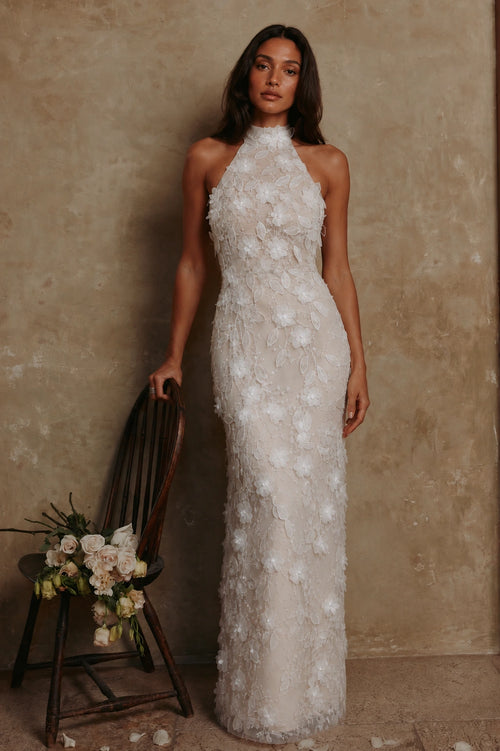Celestine Floral Appliqué Halter Gown - Ivory Blossom