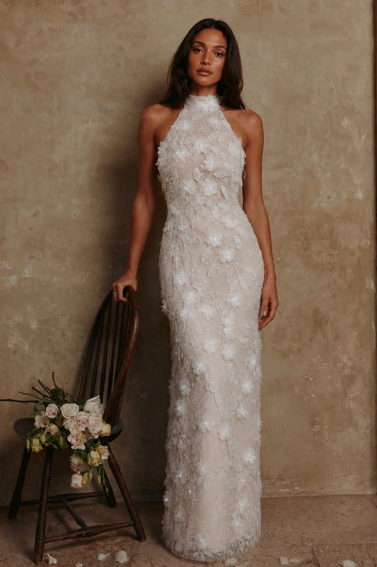 Celestine Floral Appliqué Halter Gown - Ivory Blossom