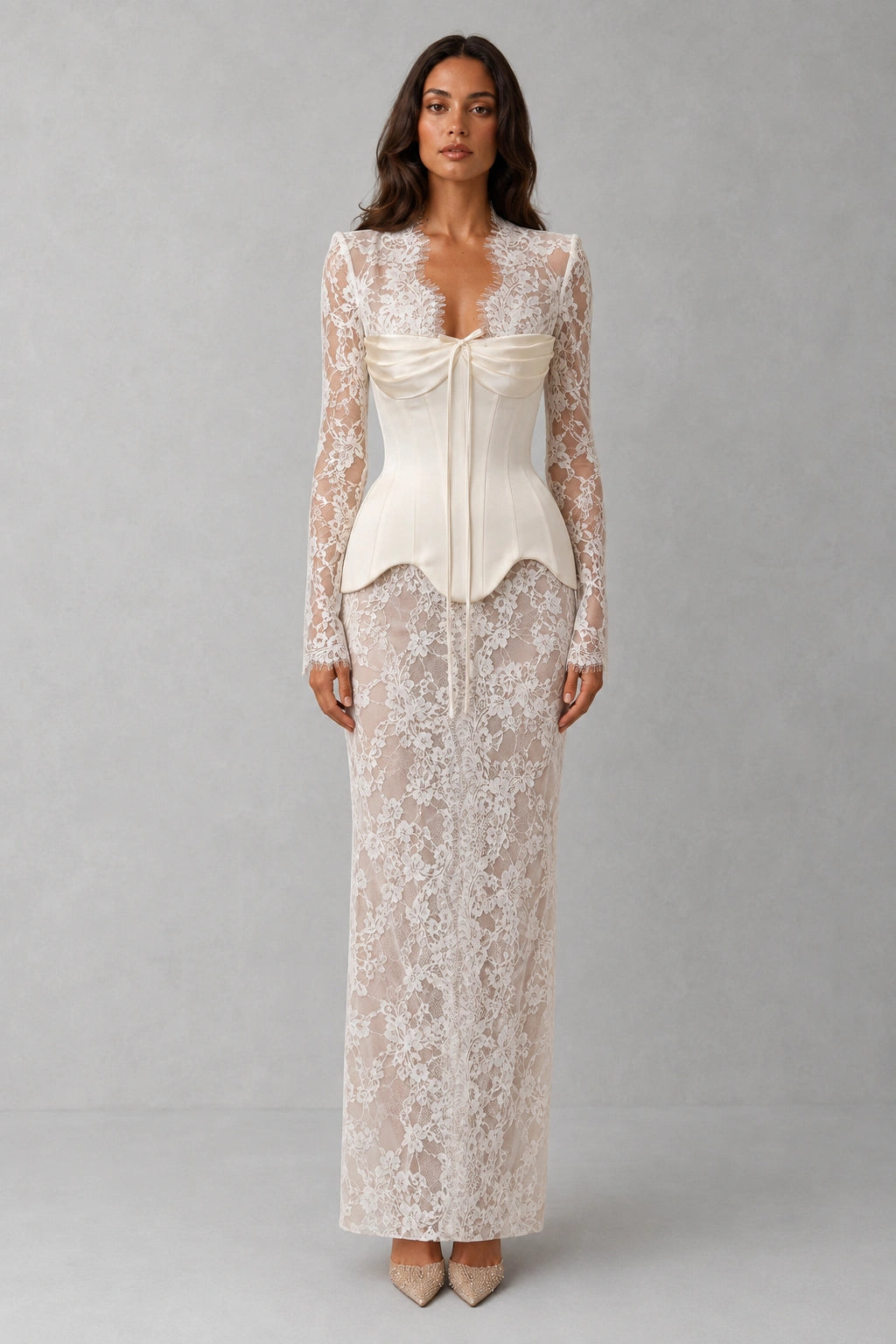 Evangeline Draped Lace Corset Gown - Ivory Pearl