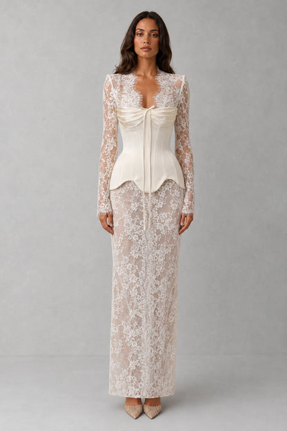 Evangeline Draped Lace Corset Gown - Ivory Pearl
