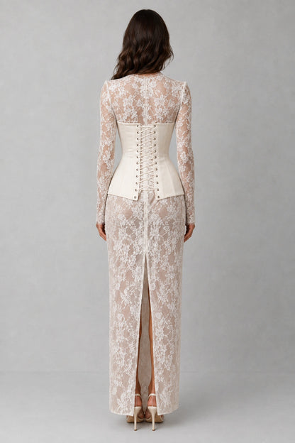 Evangeline Draped Lace Corset Gown - Ivory Pearl