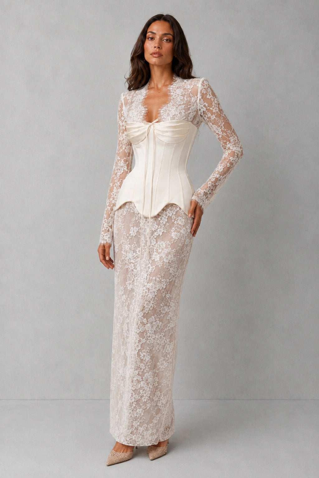 Evangeline Draped Lace Corset Gown - Ivory Pearl