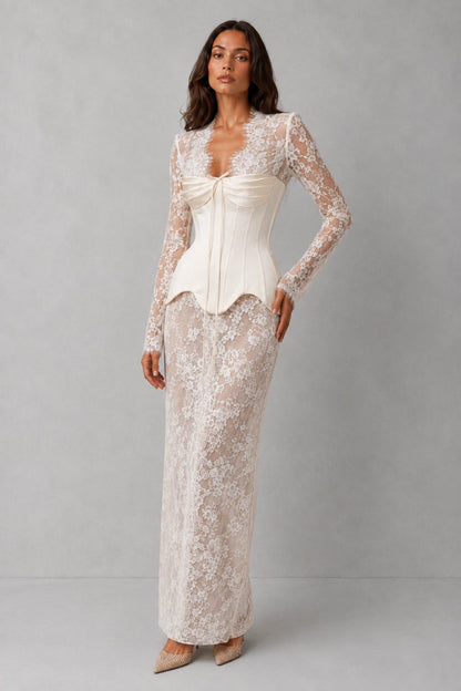 Evangeline Draped Lace Corset Gown - Ivory Pearl