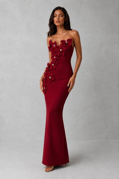 Rosalie Floral Appliqué Gown — Crimson Red