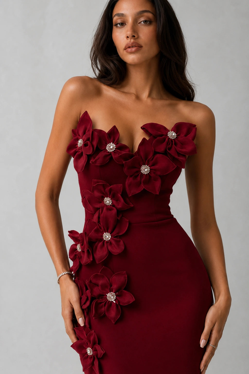 Rosalie Floral Appliqué Gown — Crimson Red