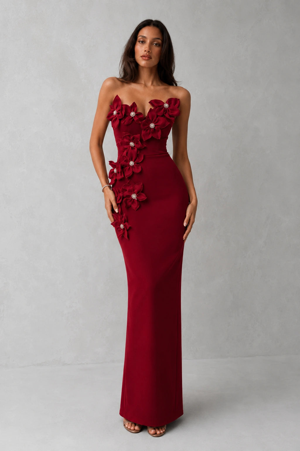 Rosalie Floral Appliqué Gown — Crimson Red