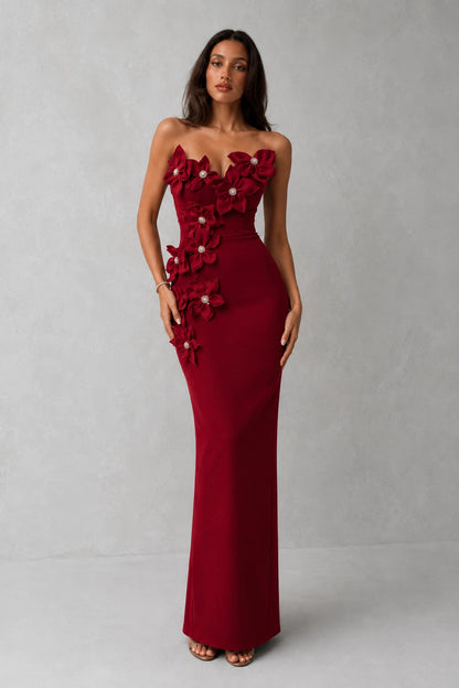 Rosalie Floral Appliqué Gown — Crimson Red