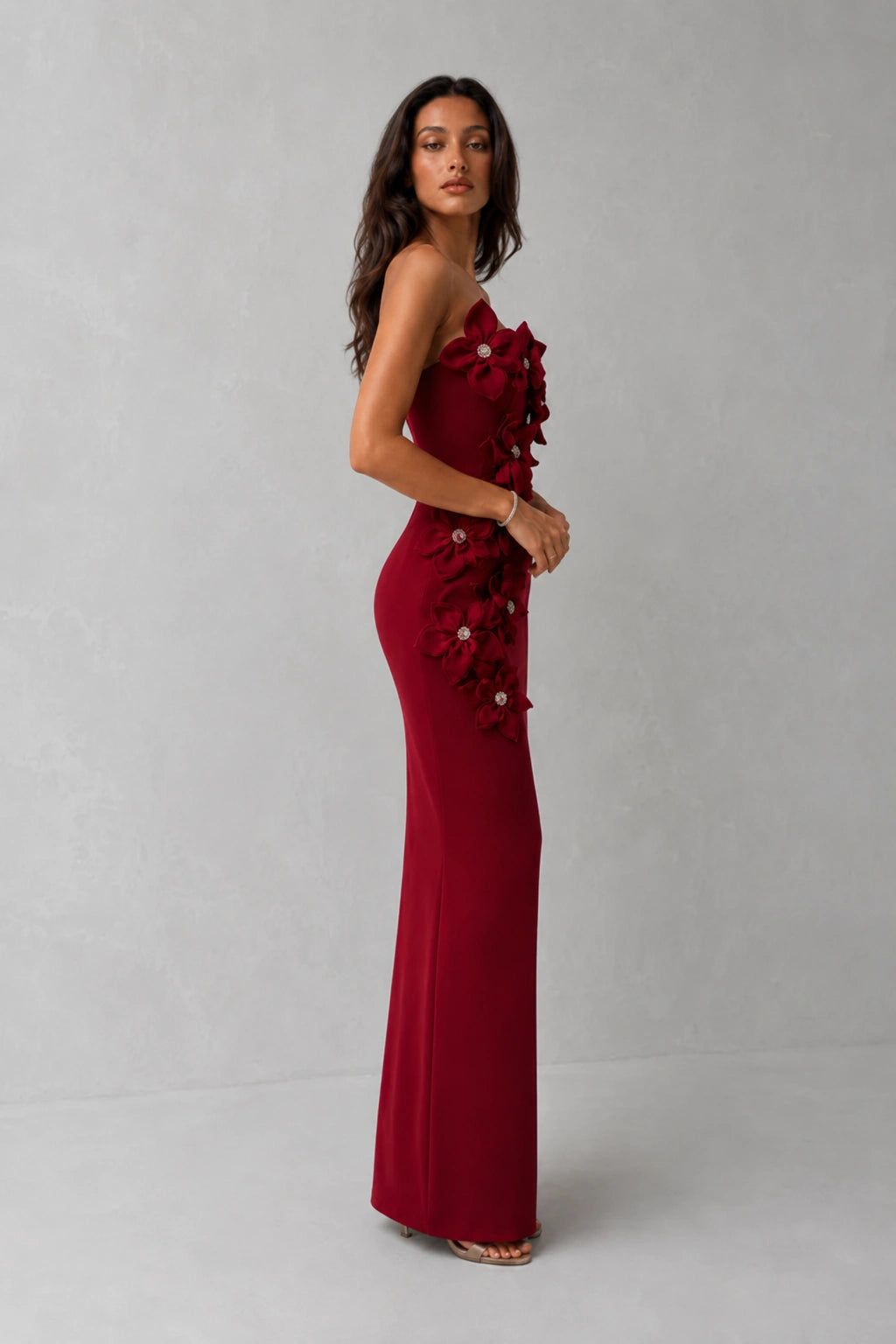 Rosalie Floral Appliqué Gown — Crimson Red