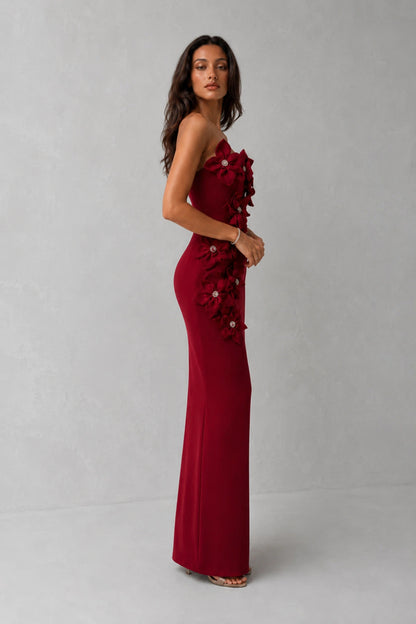 Rosalie Floral Appliqué Gown — Crimson Red