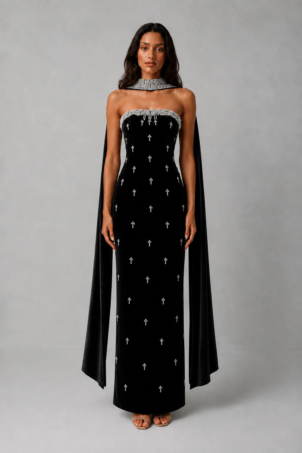 Celestia Pearl Scarf Gown — Midnight Black