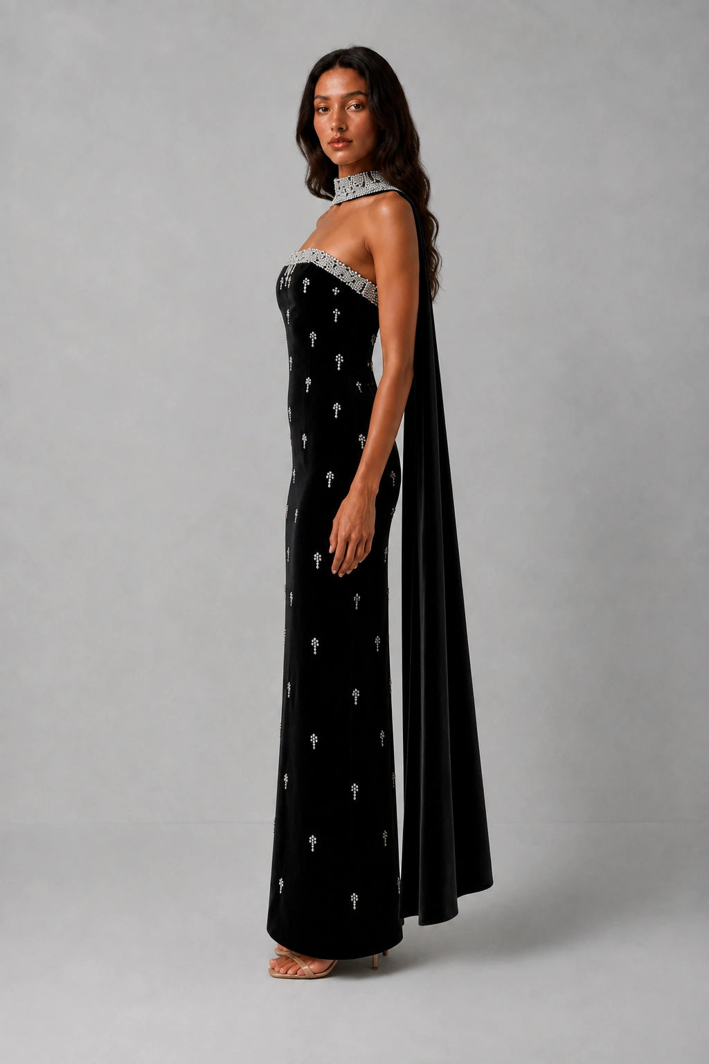 Celestia Pearl Scarf Gown — Midnight Black