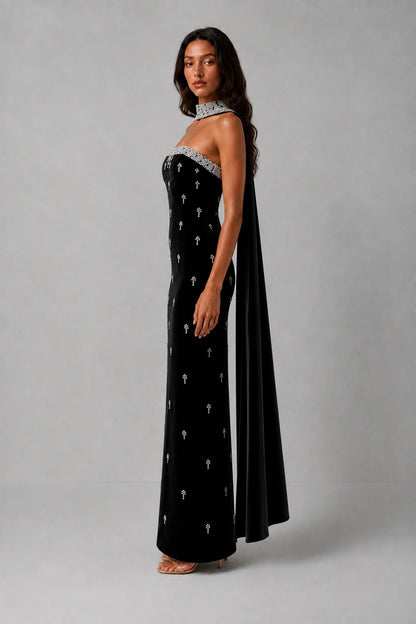 Celestia Pearl Scarf Gown — Midnight Black