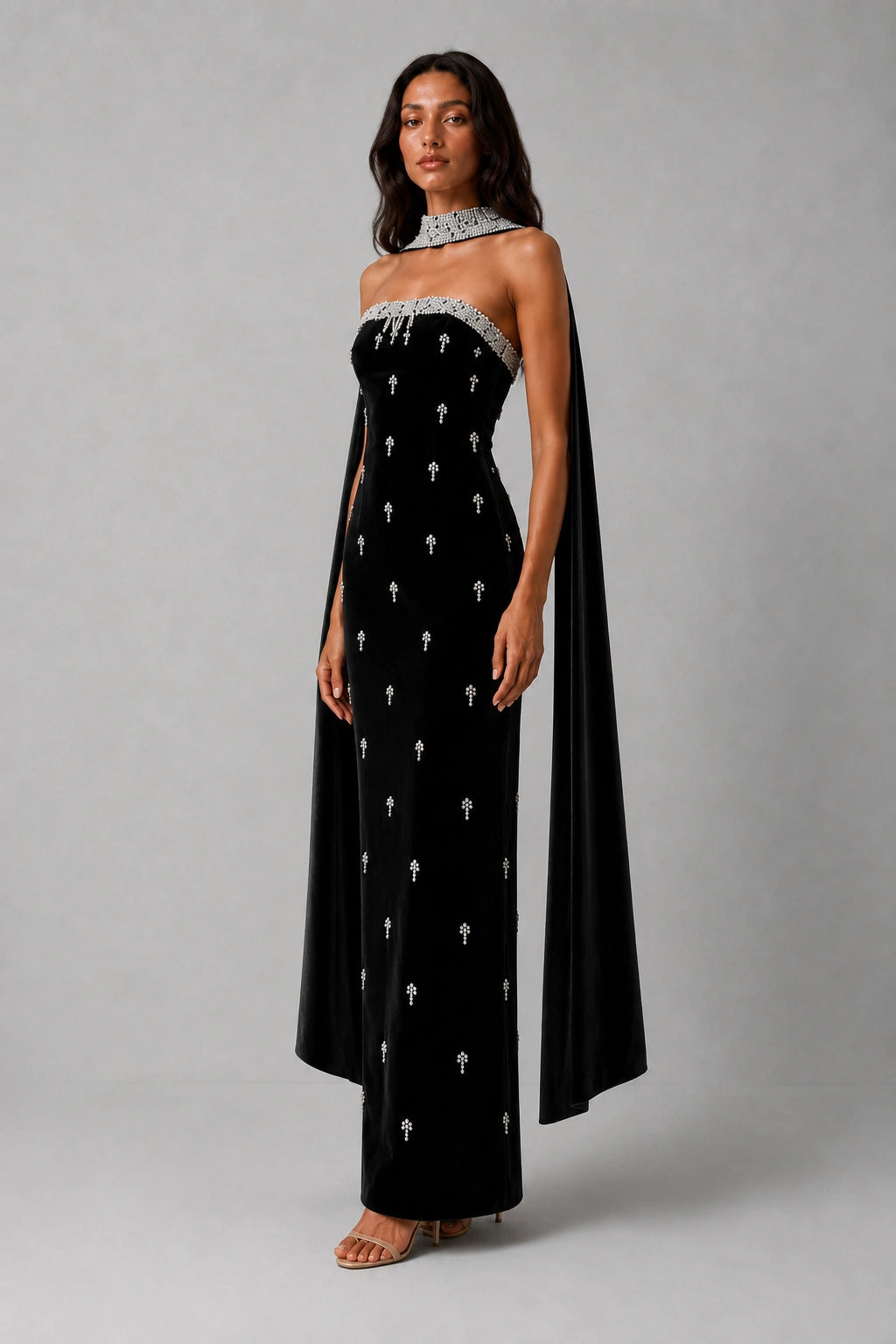 Celestia Pearl Scarf Gown — Midnight Black
