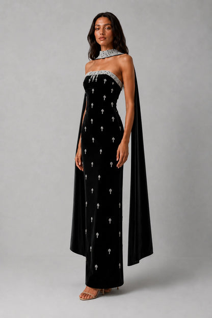 Celestia Pearl Scarf Gown — Midnight Black