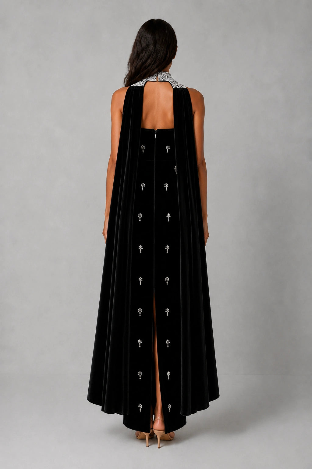 Celestia Pearl Scarf Gown — Midnight Black