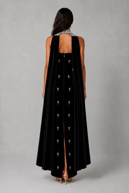 Celestia Pearl Scarf Gown — Midnight Black