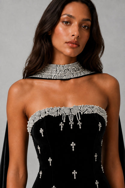 Celestia Pearl Scarf Gown — Midnight Black