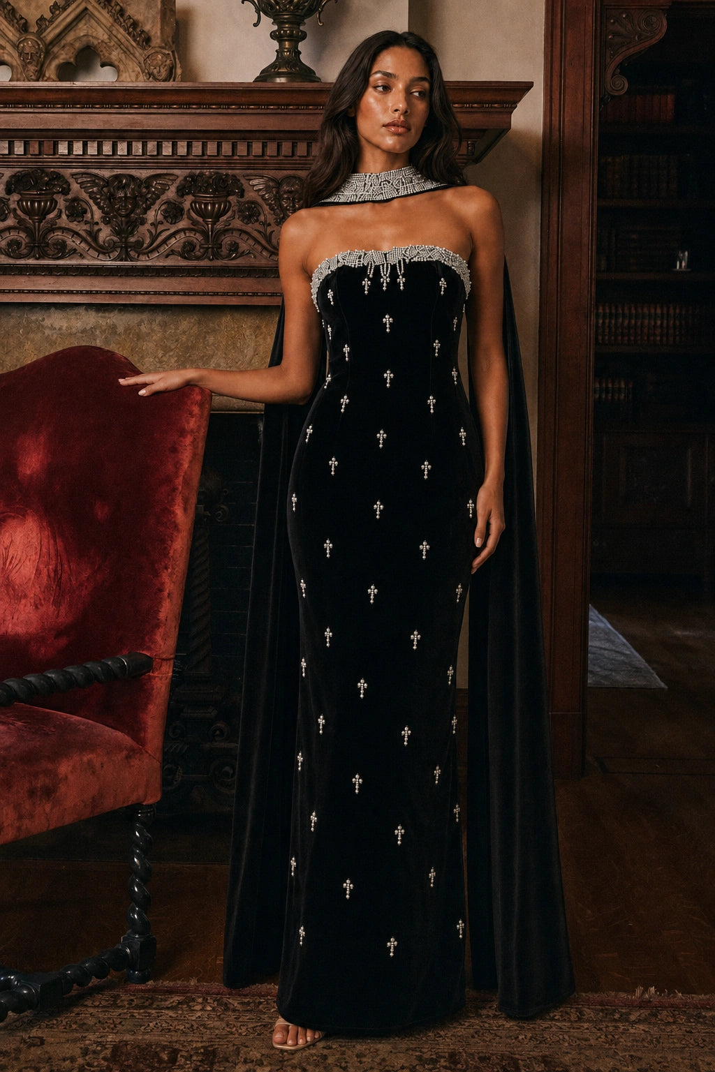 Celestia Pearl Scarf Gown — Midnight Black