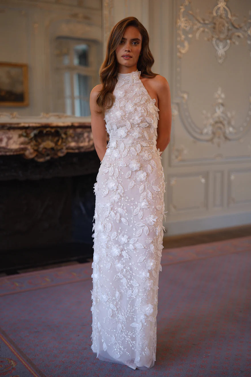 Celestine Floral Appliqué Halter Gown - Ivory Blossom