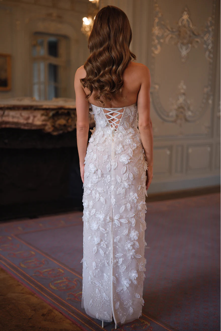 Celestine Floral Appliqué Halter Gown - Ivory Blossom