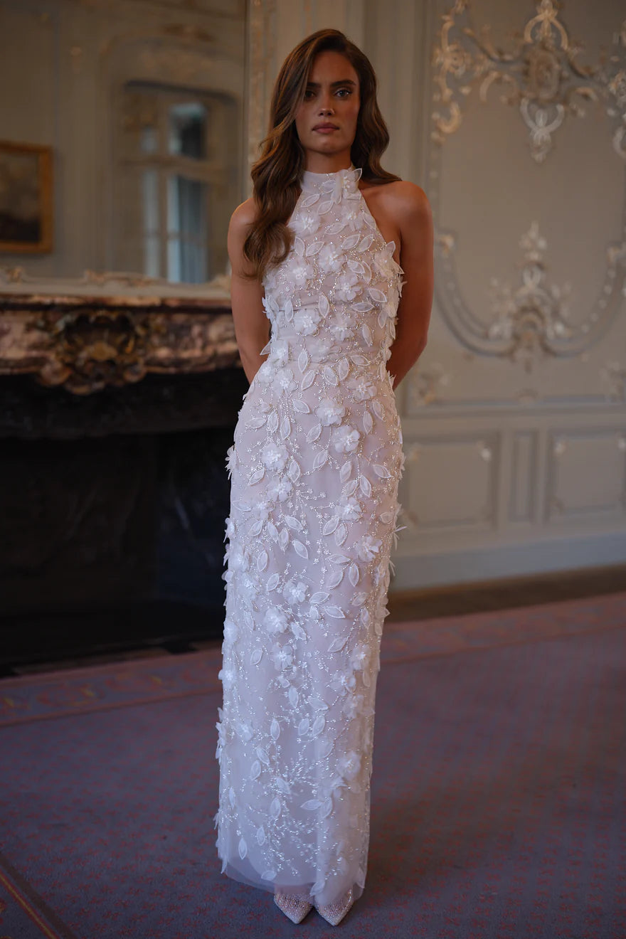 Celestine Floral Appliqué Halter Gown - Ivory Blossom