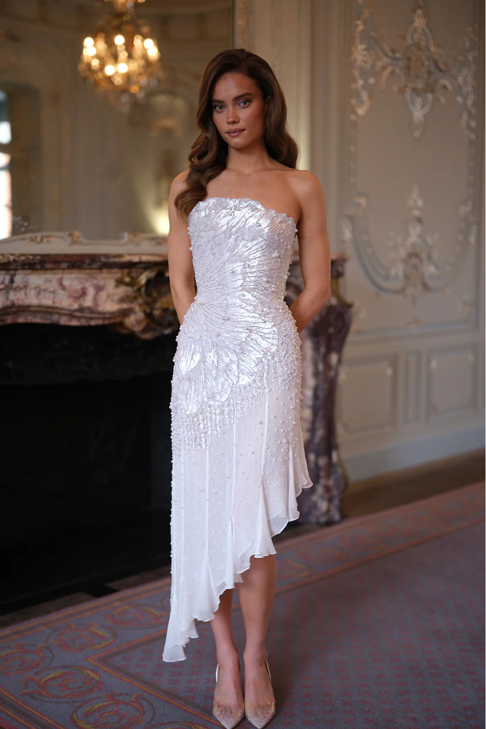 Noemie Asymmetric Sequin Midi Dress - Moonlit Silver