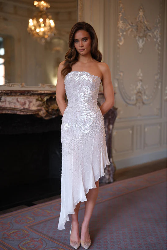Noemie Asymmetric Sequin Midi Dress - Moonlit Silver