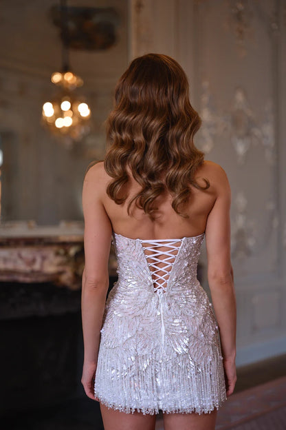 Solenne Beaded Halter Mini Dress - Silver Radiance