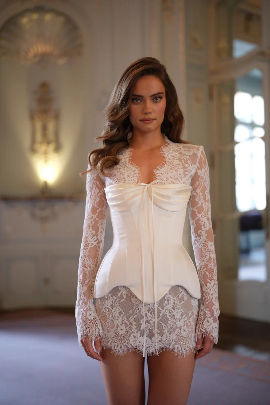 Violetta Draped Corset Mini Dress - Ivory Blossom